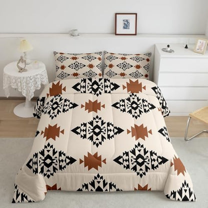 jejeloiu Boho Aztec Comforter Set Queen Size Kids Western Ethnic Tribal Bedding Set for Boys Girls Teens Wild West Duvet Breathable Exotic Geometric Quilt Bedroom Decor,1 Comforter with 2 Pillowcase