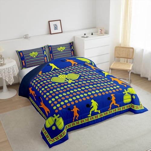 Castle Fairy Pickleball Game Comforter Set Queen Size for Kids American Tennis Sports Bedding Sets All Season Athlete Silhouette Quilt Set Bedroom Decor Modern Ball Gaming Down Comforter,3Pcs