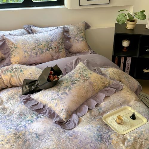 VM VOUGEMARKET Double Gauze Duvet Cover Set Twin Puprle Ruffle with Flower