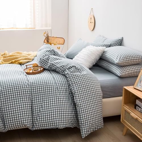 mixinni Blue Gingham Comforter Set Queen, Plaid Comforter Set 3 Pieces 1 Blue Grid Comfoter with 2 Pillow Cases for All Seasons, Soft Fluffy Modern Grid Pattern Printed Bedding-Queen Size