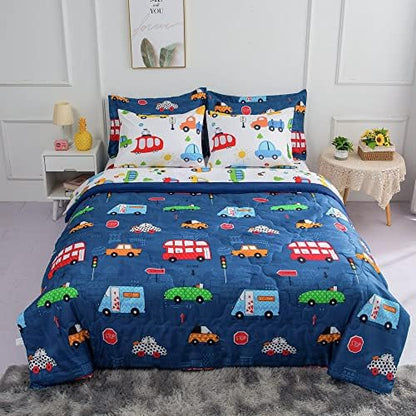 Wajade Cartoon Cars Comforter Set Bed in A Bag Full Size Colorful Cars Bus Van Traffic Lights Bedding Set for Boys Kids (1 Comforter, 1 Flat Sheet, 1 Fitted Sheet, 2 Pillowcase and 2 Pillow Sham)