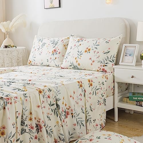 FADFAY Floral Sheets Set Full Vintage Pink Floral Bedding Shabby Beige Elegant Botanical Sheets Rustic Farmhouse Bedding 800 Thread Count 100% Egyptian Cotton Deep Pocket Fitted Sheet 4Pcs, Full Size