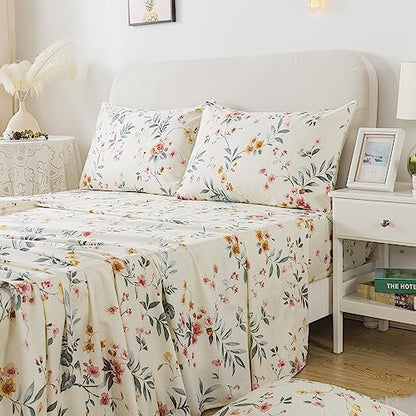 FADFAY Floral Sheets Set Full Vintage Pink Floral Bedding Shabby Beige Elegant Botanical Sheets Rustic Farmhouse Bedding 800 Thread Count 100% Egyptian Cotton Deep Pocket Fitted Sheet 4Pcs, Full Size