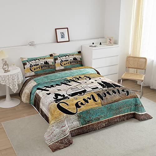 Happy Camping Car Comforter Set Twin Size,RV Camper Trailer Decor Bedding Set 2pcs for Kids Boys Girls Adults,Vintage Wooden Plank Cabin Down Comforter,Rustic Farmhouse Duvet Insert,1 Pillowcase