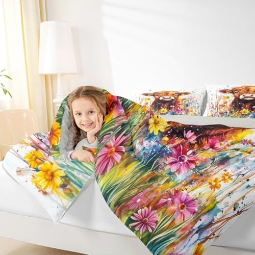 jejeloiu Cute Cow Comforter Set Full Size Highland Cattle Bedding Set for Kids Boys Girls Flower Farmhouse Duvet Quilt Wildlife Bedroom Decor Microfiber 3 Pcs with 2 Pillow Cases