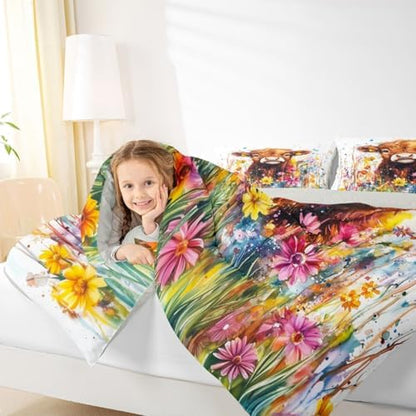 jejeloiu Cute Cow Comforter Set Full Size Highland Cattle Bedding Set for Kids Boys Girls Flower Farmhouse Duvet Quilt Wildlife Bedroom Decor Microfiber 3 Pcs with 2 Pillow Cases
