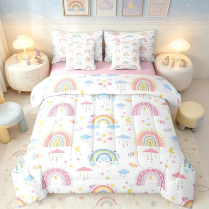 Erosebridal Cute Rainbow King Bed in A Bag 7 Piece Cartoon Rainbow Print Comforter Set with Sheets Stars Clouds Moon Bedding Sets for Kids Girls Women,Dreamy Romantic Style Bed Set