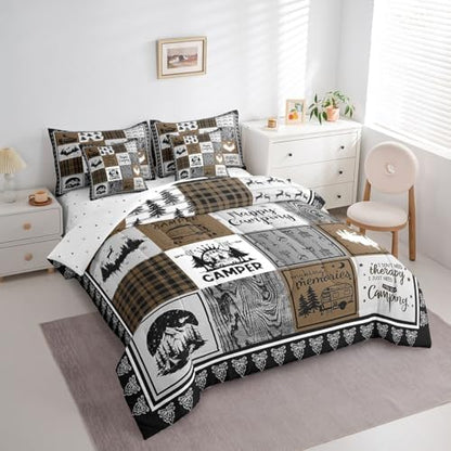 Erosebridal 7 Piece Kids Camping Comforter Set Twin,Rv Camper Bedding Set for Bunks Travel Trailers,Patchwork Buffalo Plaid Bed in a Bag with Sheets,Woodland Pine Tree Bed Set with Pillowcases