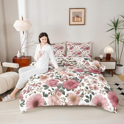 Castle Fairy Vintage Floral Leaf Comforter Set Twin Size,Romantic Pink Flowers Leaves Bedding Set,Kids Boys Adults Bedroom Decor,Country Farmhouse Super Soft Duvet Insert,1 Pillowcase