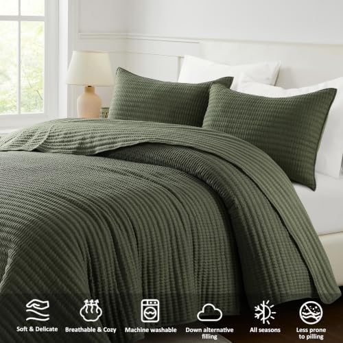 WDCOZY Olive Green Queen Size Pick Stitch Quilt Set, 3 Pieces 90x90 inches
