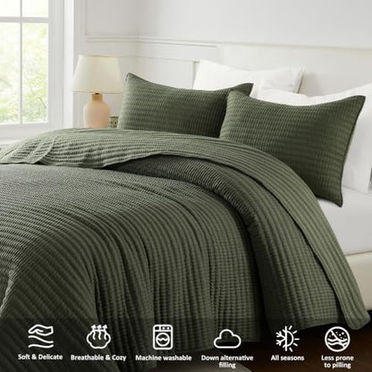 WDCOZY Olive Green King Size Pick Stitch Quilt Set, 3 Pieces 104x90 inches
