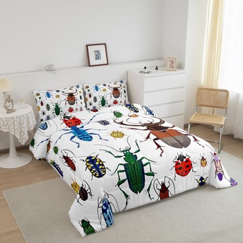 Feelyou Kids Bug Comforter Queen Boys Flying Bugs Pattern Comforter Set for Girls Children Colorful Beetle Collection Decor Bedding Set Soft Lightweight Nature Animal Bed Set 1 Comforter 2 Pillow Case