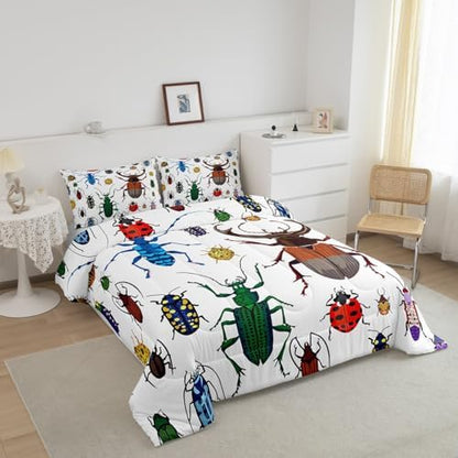 Feelyou Kids Bug Comforter Queen Boys Flying Bugs Pattern Comforter Set for Girls Children Colorful Beetle Collection Decor Bedding Set Soft Lightweight Nature Animal Bed Set 1 Comforter 2 Pillow Case