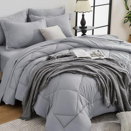 HEVUMYI 7-Piece King Comforter Set, Light Gray Bed in a Bag
