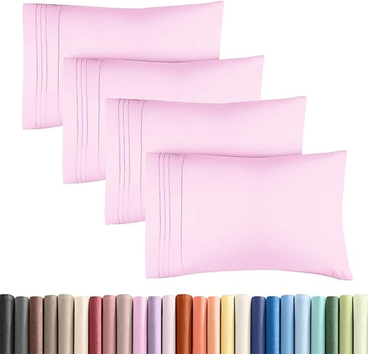 Standard Pillow Cases Set of 4 - Ultra Soft Hotel Quality Pillowcase Covers - Comfy Bedding for Women, Men, Kids & Teens - Machine Washable Pillow Protectors - 4 Piece Set - Standard Size Light Pink