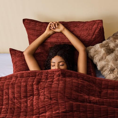 Wonderful Corduroy Texture Reddish Brown Quilt Set Queen - Hypoallergenic Skin-Friendly Soft Plush Velvety Touch Bedspread, Classic Vertical Striped Lightweight Coverlet for All Season, 94"x94"