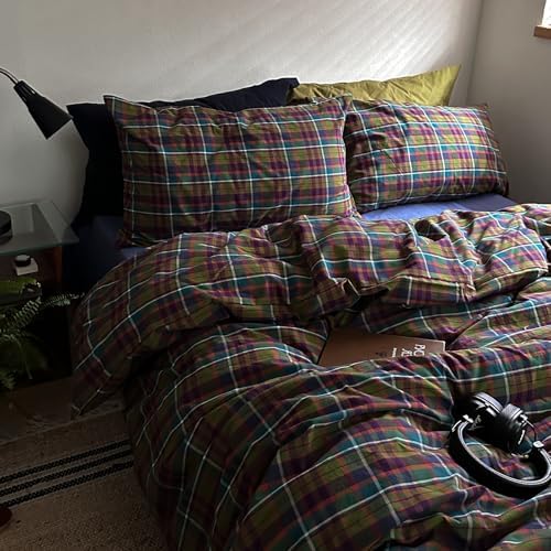 Vintage Multicolor Plaid Duvet Cover Twin XL, 3 Piece Retro Buffalo Plaid Checkered Comforter Cover, 100% Washed Cotton Soft Breathable Duvet Cover with 2 Pillowcases Farmhouse Grid Bedding Set