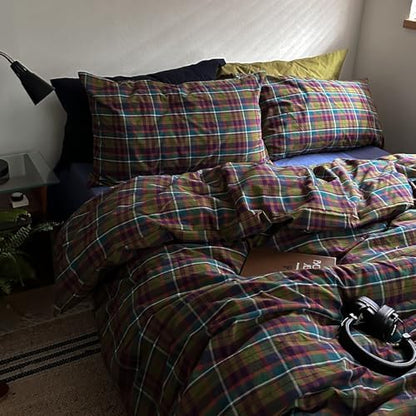 Vintage Multicolor Plaid Duvet Cover Twin XL, 3 Piece Retro Buffalo Plaid Checkered Comforter Cover, 100% Washed Cotton Soft Breathable Duvet Cover with 2 Pillowcases Farmhouse Grid Bedding Set