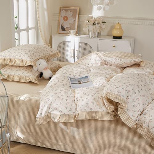 mixinni Beige Floral Duvet Cover Twin XL Size, 100% Cotton Cute Strawberry Floral Ruffle Bedding Set, Vintage Cottagecore Reversible Tan Gingham Aesthetic 3PC with Zipper Closure & Pillowcases