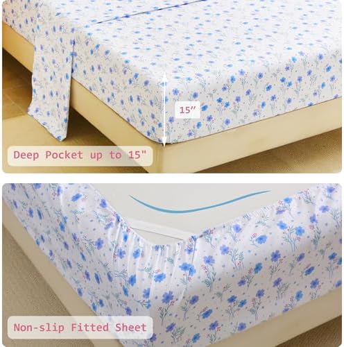 lasoftan Floral Queen Comforter Set with Sheets, 7 piece Luxury Vintage Bedding, Soft Microfiber Bed in a Bag, Cozy Lightweight Bed Set, Purple Flower Green Leaf