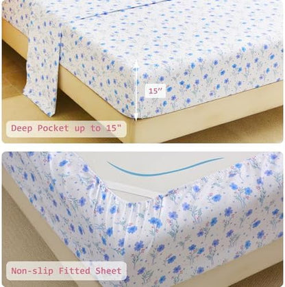lasoftan Floral Queen Comforter Set with Sheets, 7 piece Luxury Vintage Bedding, Soft Microfiber Bed in a Bag, Cozy Lightweight Bed Set, Purple Flower Green Leaf