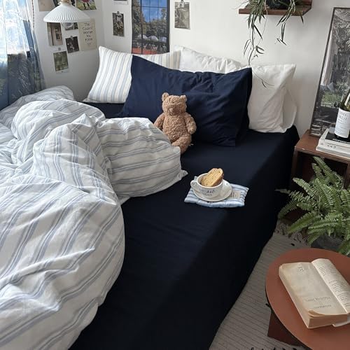 mixinni Vintage Light Blue & White Striped Comforter Set Full Size - Soft Washed Cotton 3-Piece Bedding Set (1 Comforter + 2 Pillowcases), Retro Geometric Pattern, All-Season Breathable & Fluffy