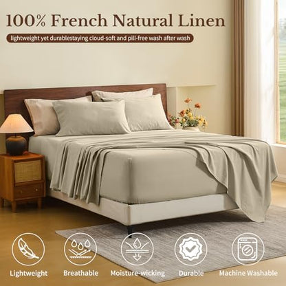MEISHANG 100% French Linen Sheets California King,6 Pcs,18-24" Deep Pocket