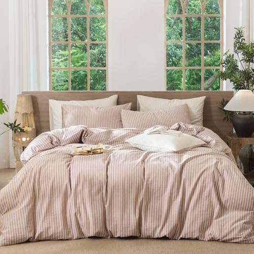 MooMee Striped Duvet Cover Set 100% Washed Cotton Linen Like Twin