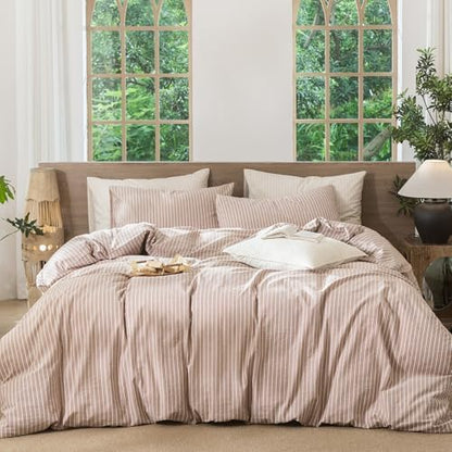 MooMee Striped Duvet Cover Set 100% Washed Cotton Linen Like Twin