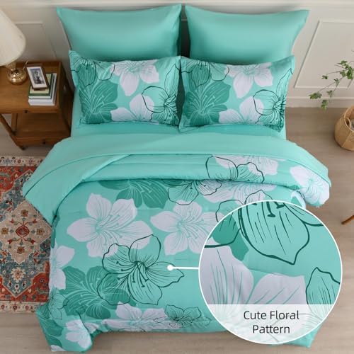 Luxudecor Aqua Comforter Set Full Size, 7 Pieces Floral Bed in a Bag