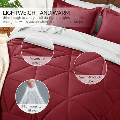 BEDELITE Twin Comforter Set 5 Pieces, Reversible Dark Red Bed in A Bag