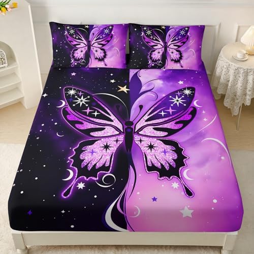 HOSIMA Girls Butterfly Bedding Sets Full,1 Fitted Sheet+2 Pillowcases.