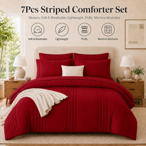 King Size Comforter Set Red - 7 Pieces Bed in a Bag Bedding Set