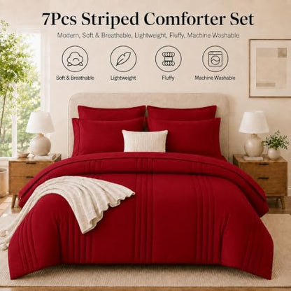 King Size Comforter Set Red - 7 Pieces Bed in a Bag Bedding Set