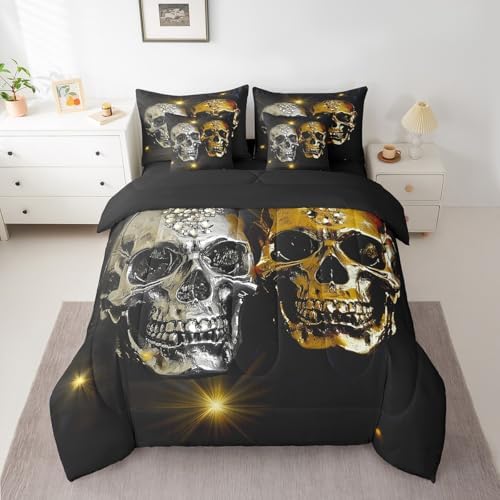 Erosebridal 7Pcs Gold Silver Skull Comforter Set Queen Size,Couple Skull Diamonds Bedding Set,Halloween Bones Skeleton Bed in A Bag,Romantic Gothic Sheet Set with Comforter