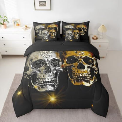 Erosebridal 7Pcs Gold Silver Skull Comforter Set Queen Size,Couple Skull Diamonds Bedding Set,Halloween Bones Skeleton Bed in A Bag,Romantic Gothic Sheet Set with Comforter
