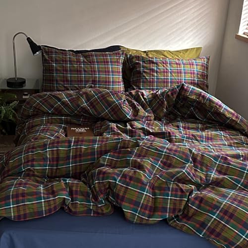 Vintage Multicolor Plaid Duvet Cover Twin XL, 3 Piece Retro Buffalo Plaid Checkered Comforter Cover, 100% Washed Cotton Soft Breathable Duvet Cover with 2 Pillowcases Farmhouse Grid Bedding Set