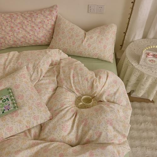 VM VOUGEMARKET Pink Flower Duvet Cover Set Queen Soft Muslin Cotton Aesthetic Bedding Set Garden Floral Duvet Cover with 2 Pillow Shams,Blooming Comforter Cover for Teen Girls