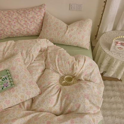 VM VOUGEMARKET Pink Flower Duvet Cover Set Queen Soft Muslin Cotton Aesthetic Bedding Set Garden Floral Duvet Cover with 2 Pillow Shams,Blooming Comforter Cover for Teen Girls