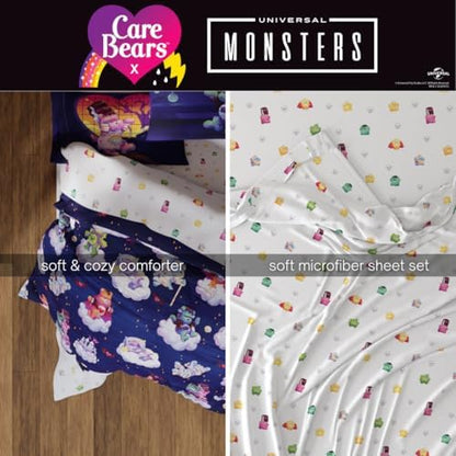 Care Bears x Universal Monsters Halloween Bedding 7 Piece Super Soft Cozy Reversible Comforter and Sheet Set with Sham, Full, (Officially Licensed Product) By Franco