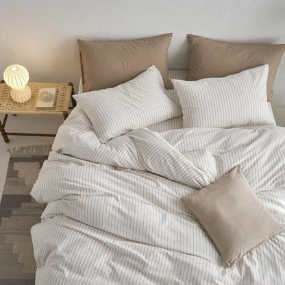 MooMee Striped Duvet Cover Set 100% Washed Cotton Linen Like