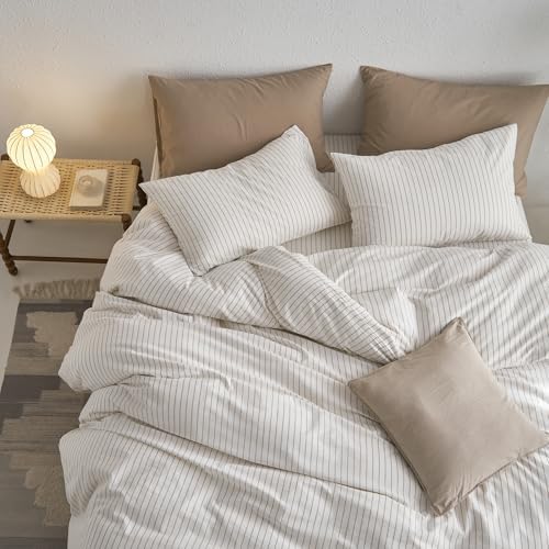 MooMee Striped Duvet Cover Set 100% Washed Cotton Linen Like Cal King