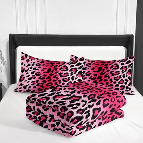 Nttopship Pink Leopard Print Comforter Bedding Set with 2 Pillowcase King Size Cheetah Painting Comforter Set for Kids Boys Girls Bedroom Decor