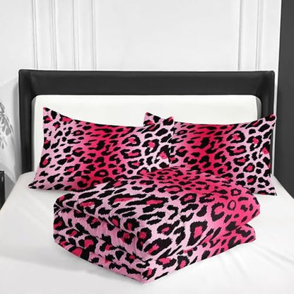 Nttopship Pink Leopard Print Comforter Bedding Set with 2 Pillowcase King Size Cheetah Painting Comforter Set for Kids Boys Girls Bedroom Decor