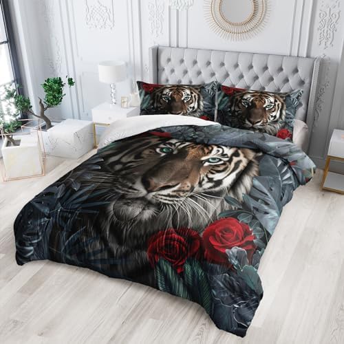Nttopship Tiger Comforter Set Queen Size，Red Rose Flower Comforter Set for Kids,Wild Animal Printed Comforter Sets，Kids Room Decor with 1 Comforter with 2 Pillow Case
