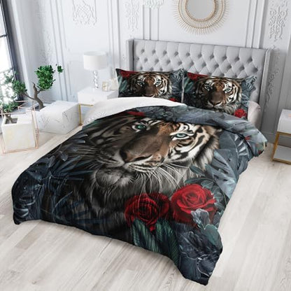 Nttopship Tiger Comforter Set Queen Size，Red Rose Flower Comforter Set for Kids,Wild Animal Printed Comforter Sets，Kids Room Decor with 1 Comforter with 2 Pillow Case