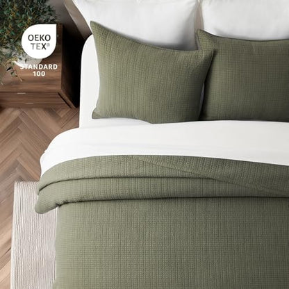 EverGrace 100% Cotton Modern Grid Stitch Quilt Set, King Size, Olive Green