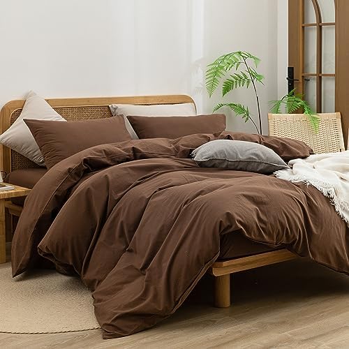 BESTOUCH Cotton Solid Duvet Cover Set Linen Feel Cocoa Brown Super King