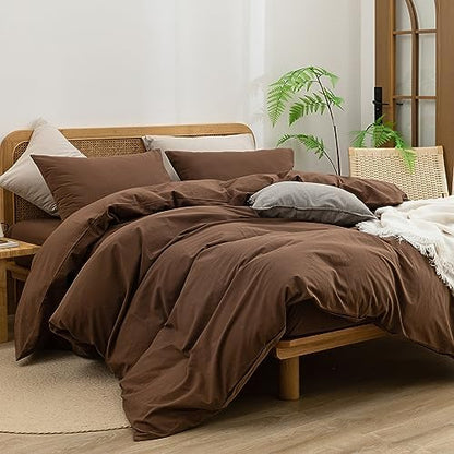 BESTOUCH Cotton Solid Duvet Cover Set Linen Feel Cocoa Brown Full