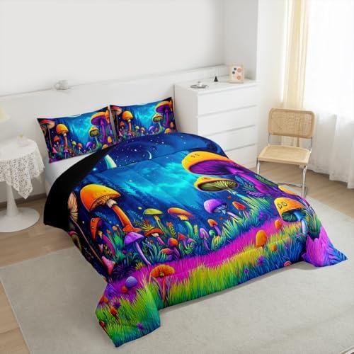 Manfei Mushroom Kids Comforter Set Twin Size,Star Moonlight Galaxy Magical Bedding Set for Boys Girls Room Decor,Mysterious Plant Quilt Comforter,Colorful Duvet Set Bedroom Quilt Set,1 Pillowcase